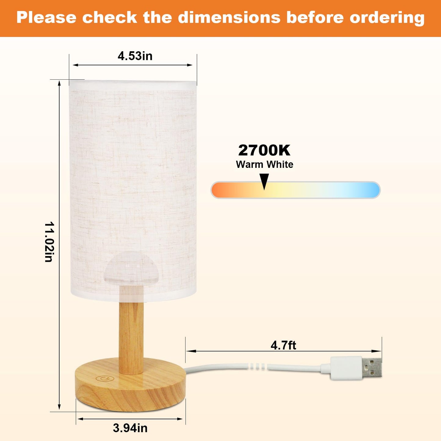 Small Touch Table Lamp with Stepless Dimming&USB Plug,Natural Round Wood Base&Linen Fabric Shade |Soft Ambient Warm Night Light|Minimalist Boho Bedside Lamp for Bedroom,Nightstand,Nursery,Kitchen,Dorm