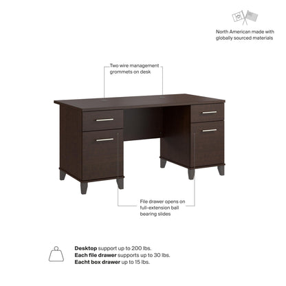Bush Home 60-Inch Office Desk with Drawers, Computer Desk with File and Box Drawers, Home Office Workstation with Storage Cabinet, Writing Desk Furniture, Somerset Collection, Mocha Cherry