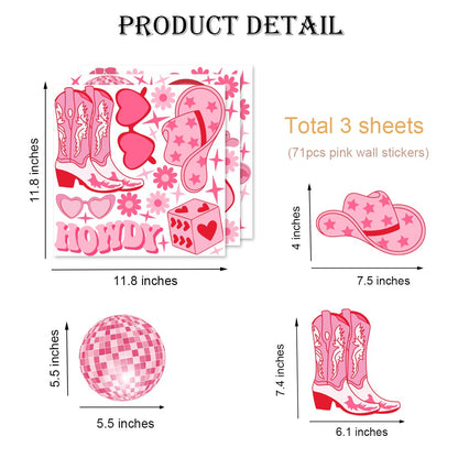 YIMEHDAN Pink Cowgirl Wall Decal, Boots Horseshoe Iron Hat Disco Ball Vinyl Wall Stickers, Removable Preppy Western Girls Artwork for Teen Bedroom Dormitory Decor