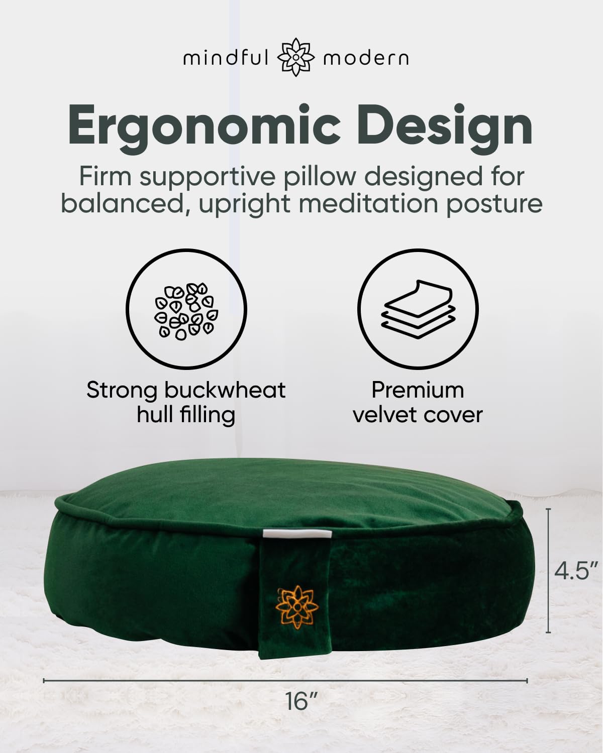 Mindful & Modern Velvet Meditation Cushion | Luxe Zafu Yoga Floor Pillow Seat | Posture Support | Buckwheat Hull Filled | Large Round Cushion with Removable Washable Cover + Carry Handle | Color Green
