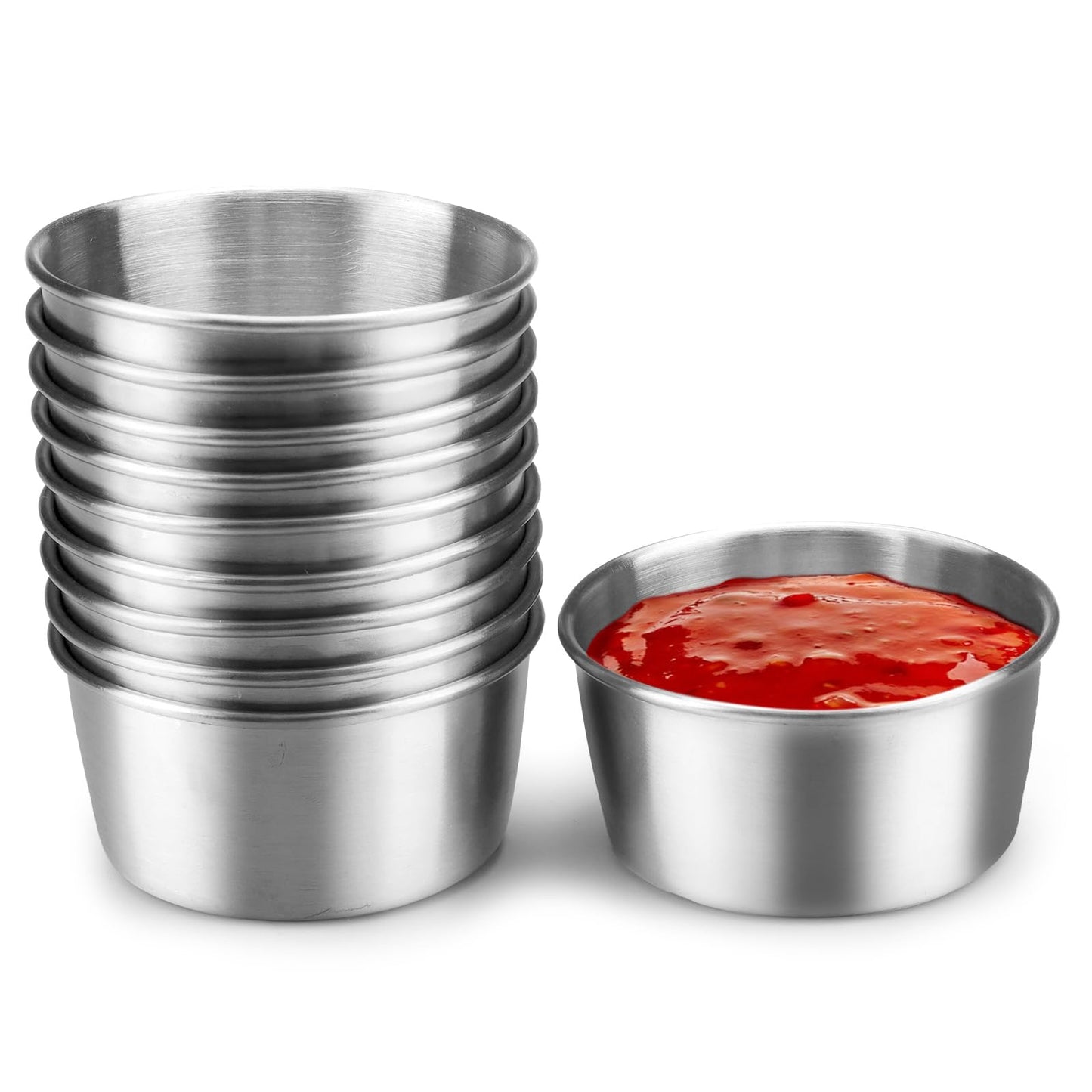 Huakaile 10 Pieces Stainless Steel Sauce Cups, 2.7 Oz/80 ml Metal Ramekins Dipping Bowls, Small Reusable Condiment Dish Containers for Prep Dessert Meal Seasoning (10, Silver)