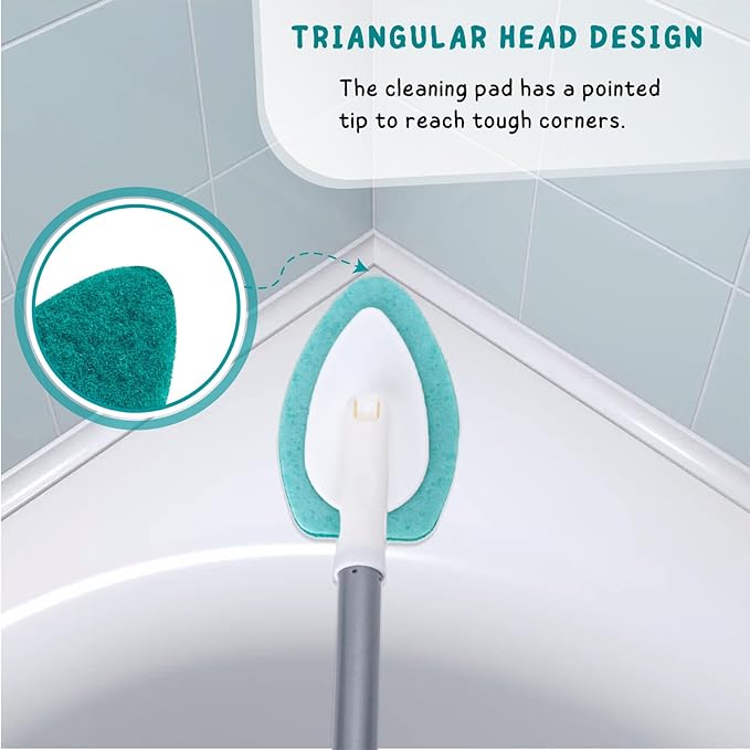 Shower Scrubber with Long Handle, Bathroom Tub and Tile Cleaning Tool with 6