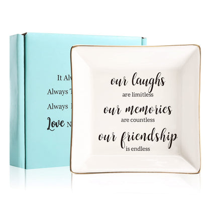 JOYIMARR Endless Friendship Gifts Ceramic Ring Dish Jewelry Tray,Birthday Gifts For Best Friend-Our Laughs Are Limitless,Our Memories Are Countless,Our Friendship Is Endless