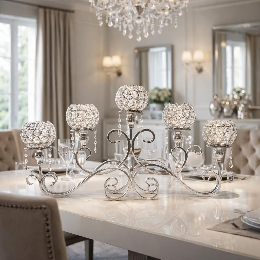 ICE Armor 26" W Polished Silver Ornate Base with Five Crystal Ball Arms Candle Holder Elegant Home Décor Accent, Decorative Candle Holder, Warm & Thoughtful Gift Idea