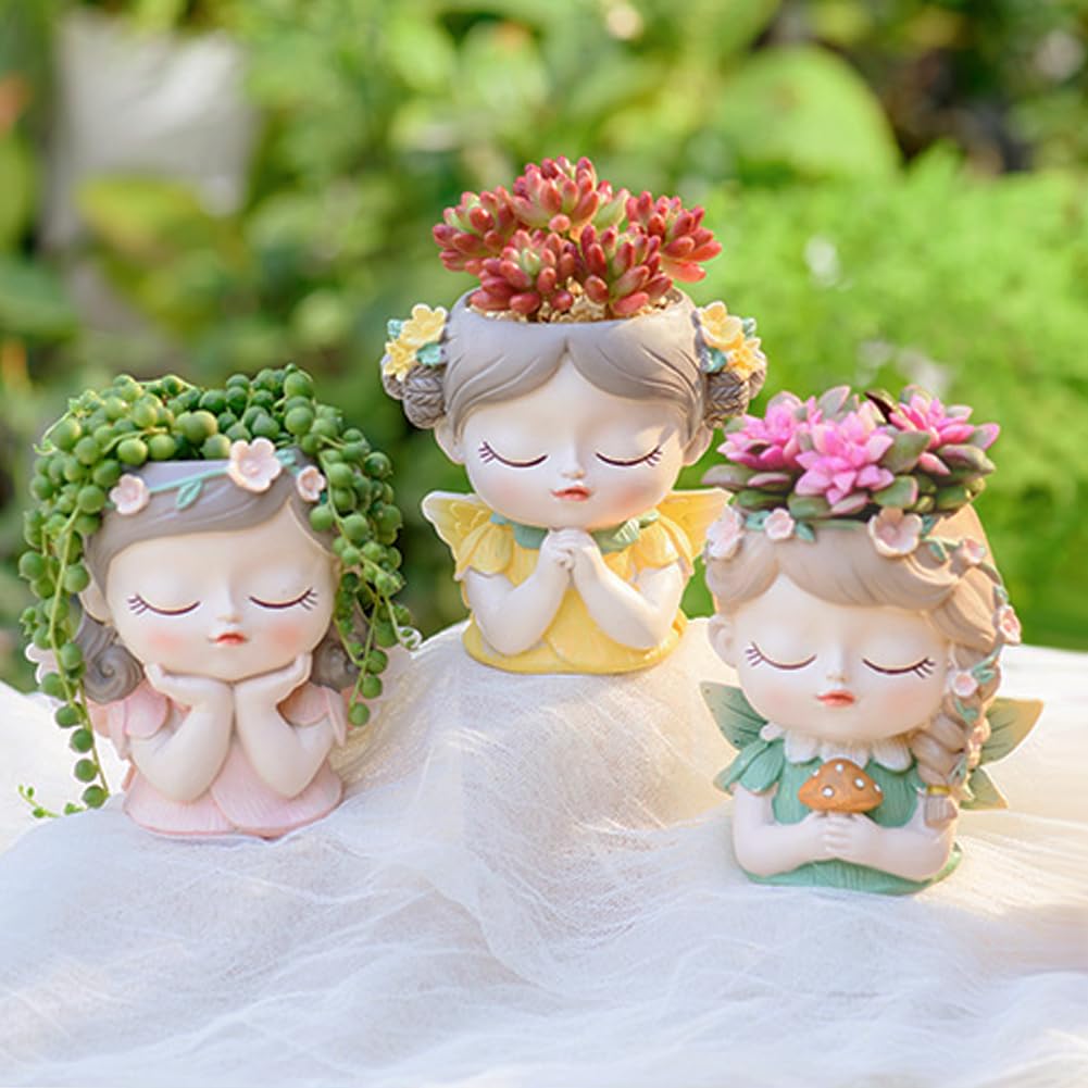 Argofox Samll Angel Girl face Succulent Plant pots 3packs with Drainage Hole 4inch Indoor Cactus Pot Unique Cute Flower Pot with Girl Face Container Planter