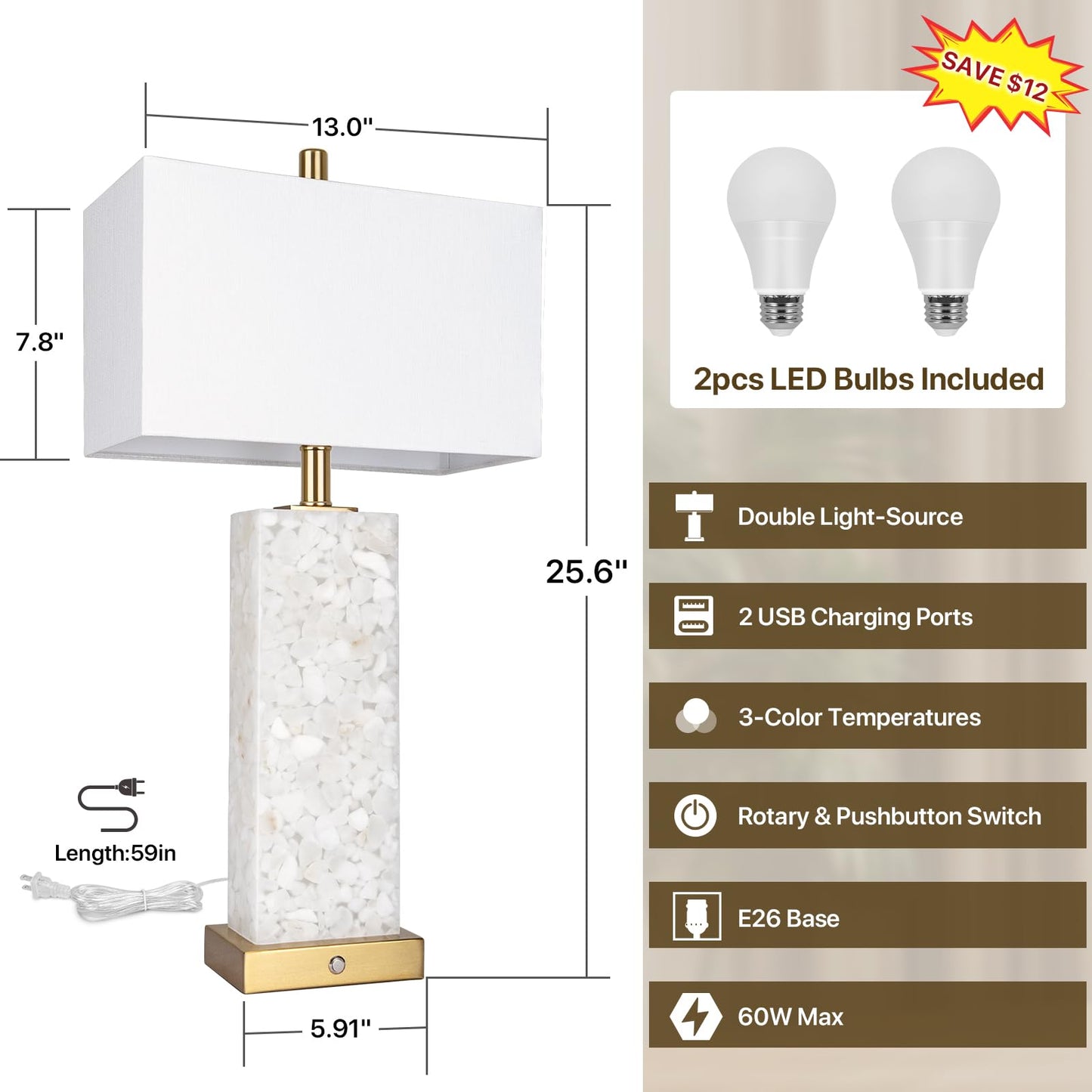 2-Pack 25.6" Alabaster Lamps, Marble Lamp Nightstand Lamps Set of 2, 3-Color Temperatures Bedside Lamps with Nightlight, Modern Table Lamp with USB Ports for Living Room Bedroom Hotel, Bulbs Included