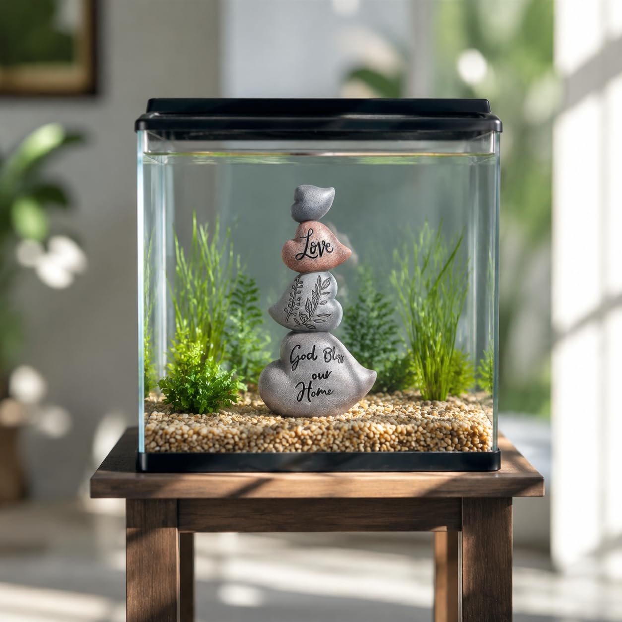 WUBIANJIE Cairn Rock Sculpture Stacked Ornament Decor, Resin Rock Decor for Fish Tank, Terrarium or Shelf, Tabletop Zen Garden Statue, God Bless Our Home Accent
