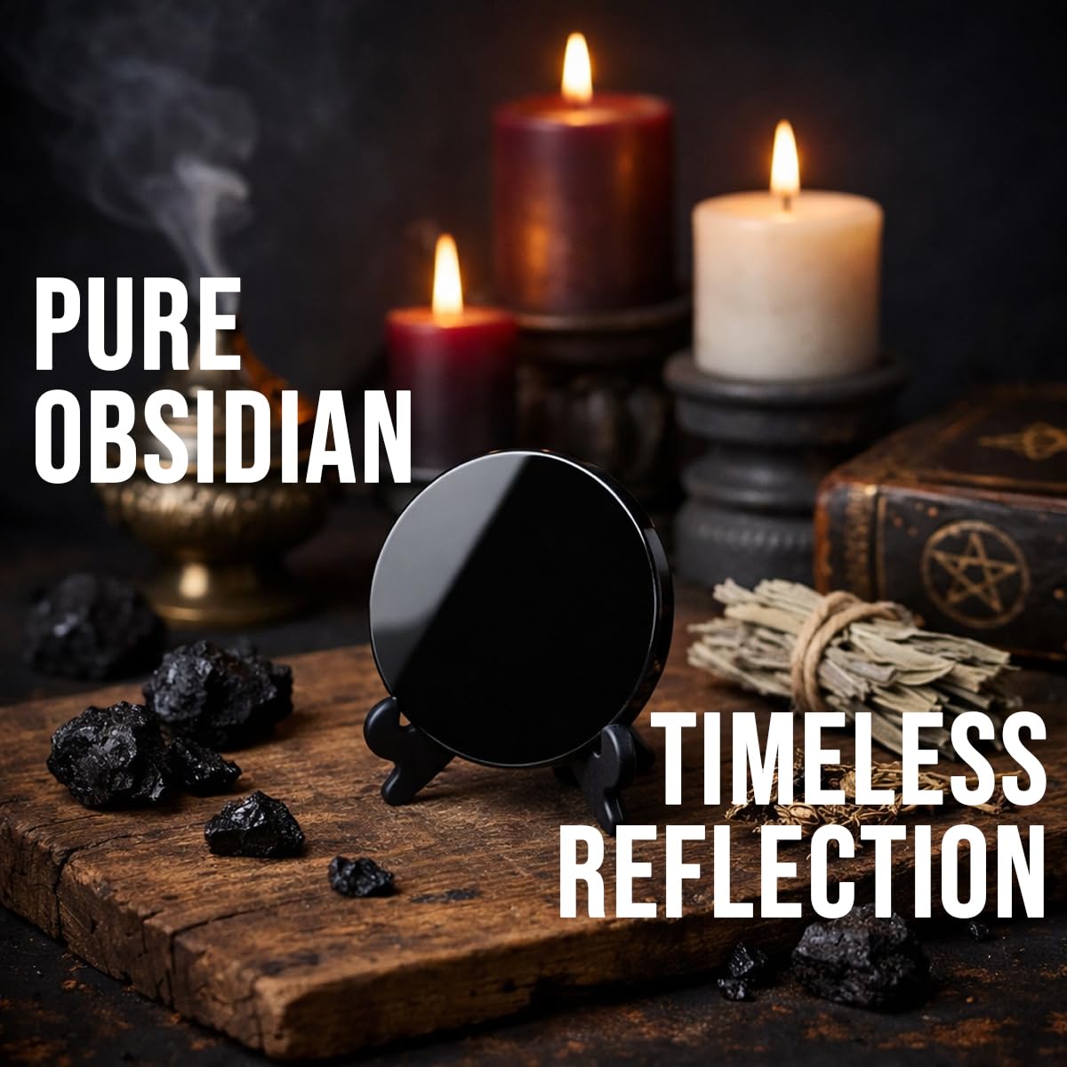 CRYSTALSTILE Black Obsidian Scrying Mirror 3.94 in with Wooden Stand, Premium Quality Obsidian Mirror for Meditation, Witchcraft, Divination and Spiritual Practices (100 mm)