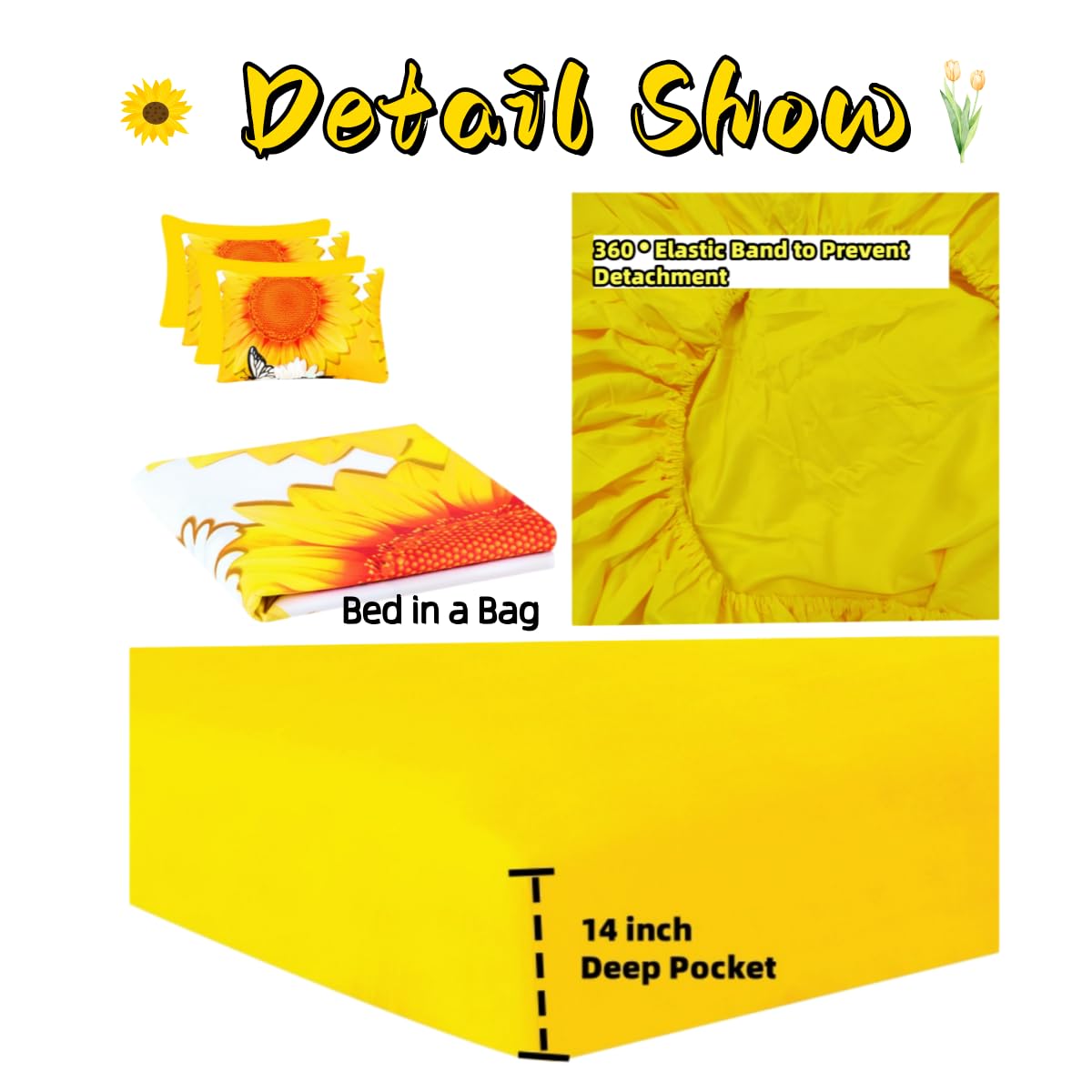 6Pcs Bed Sheet Set King Size, Sunflower Floral Printed Soft Microfiber Bedding Sets with 1 Butterfly Patterned Sheet 1 Deep Pocket Fitted Sheet and 4 Pillowcases, Yellow