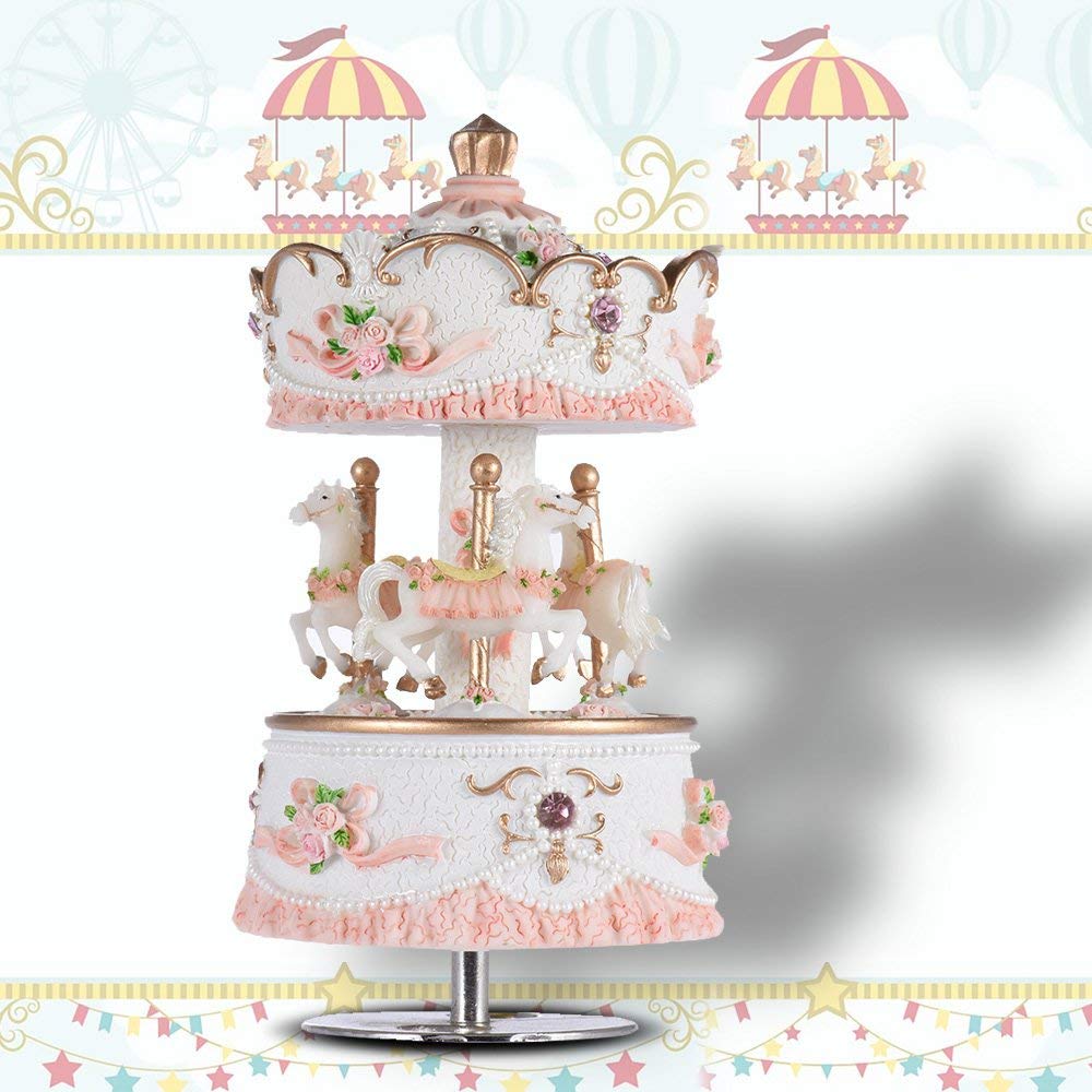 Carousel Music Boxes for Girls 3-Horse Rotating Windup Melody Castle in The Sky Color Change LED Lights Musical Gift for Daughter Birthday Christmas Festival Music Box Artware Pink