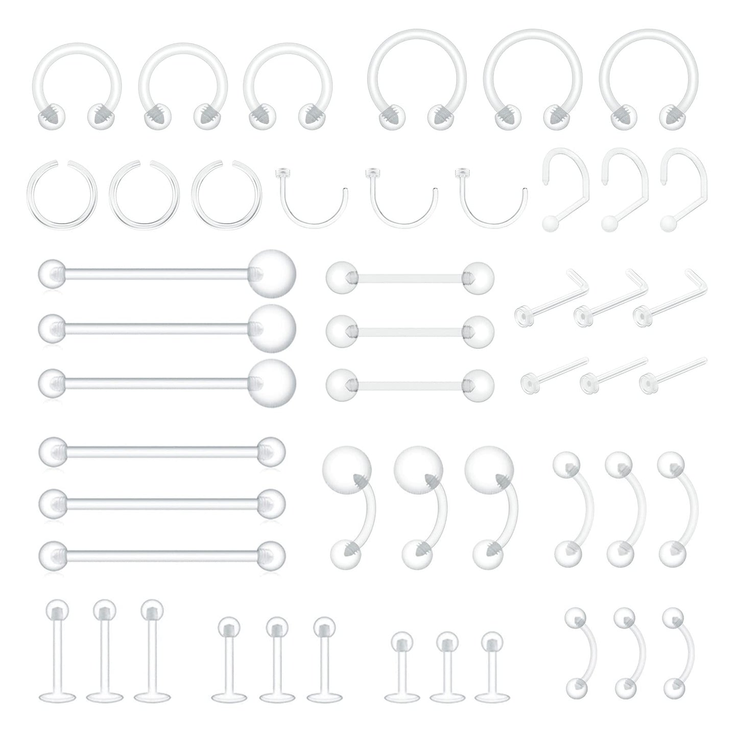 MixPiercing 48Pcs Clear Piercing Retainers Jewellery Plastic Nose Tongue Nipple Belly Bars Eyebrow Lip Labret Stud Septum Hoops Cartilage Industrial Tragus Earring Retainer For Surgery Mri
