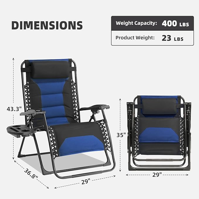 Zero Gravity Chair Set of 2 Oversized Folding Recliner, Padded Anti Gravity Lounge Chair with Adjustable Pillow & Cup Holder for Outdoor Camping, Patio, Poolside, Lawn (Black & Blue)