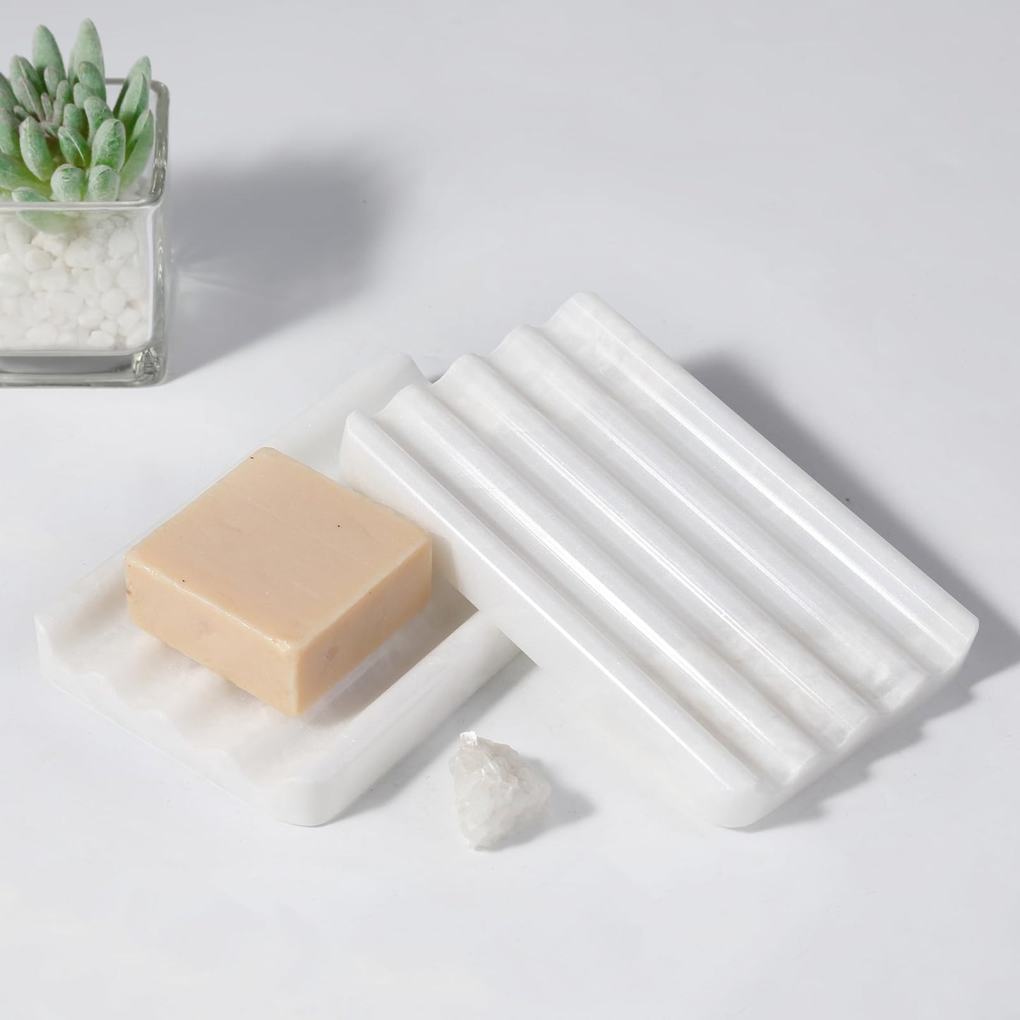 Koville African Natural Marble Soap Dish for Shower, Stone Soap Tray for Bathroom, Bar Soap Holder for Sink, Stripe Grooves Soap Saver Stone Dish Keep Bars Dry Easy Clean (Namib Bianco)