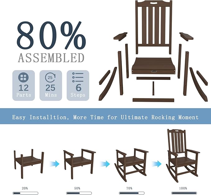Oversized Rocking Chair, Outdoor Rocking Chair for Adults, All Weather Resistant Porch Rocker for Lawn Garden, Brown