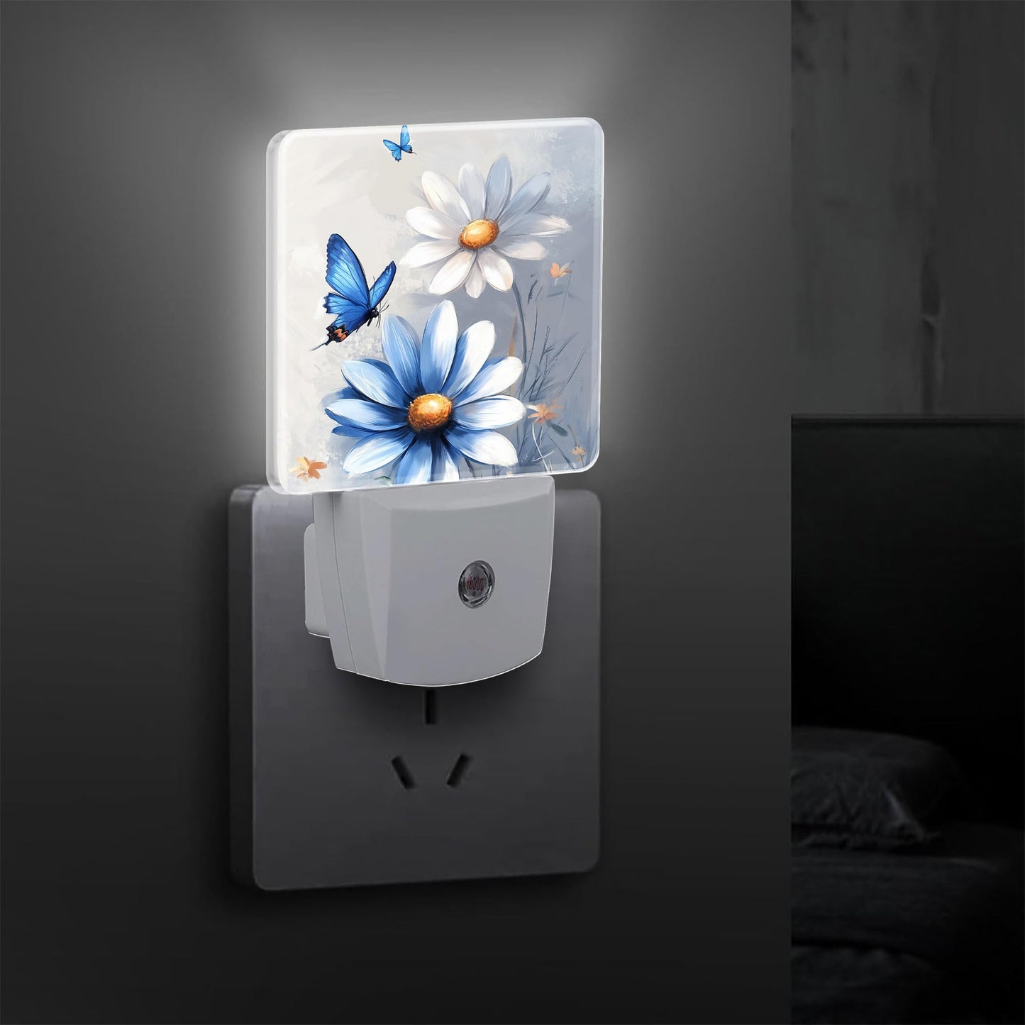 KXWQTRDD Blue and White Daisy Floral Butterfly Night Light Plug into Wall,Nightlights with Light Sensor Dusk to Dawn,Plug in Night Lights for Kids,Warm Lamps for Bathroom Bedroom Kitchen