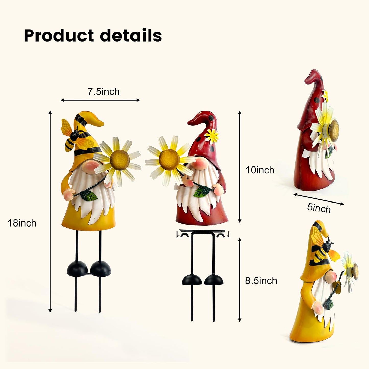 HONGLAND Gnomes Decorations for Yard - Metal Gnome Outdoor Decor Bee Ladybug Garden Statue- Christmas Decoration Thanksgiving Holiday Lawn Patio Yard Stakes (Set of 2)