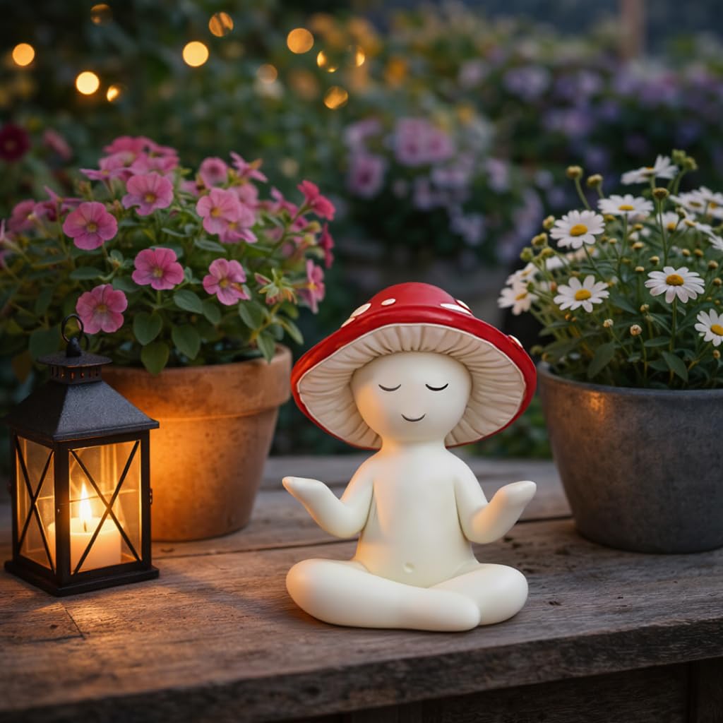 LocusArs Meditation Mushroom Statue Yoga Mushroom Figurine Tabletop Decor for Home Shelf Office Coffee Table Garden Yard Patio Mushroom Meditation Sculpture Gift for Women Friends Mom Decoration