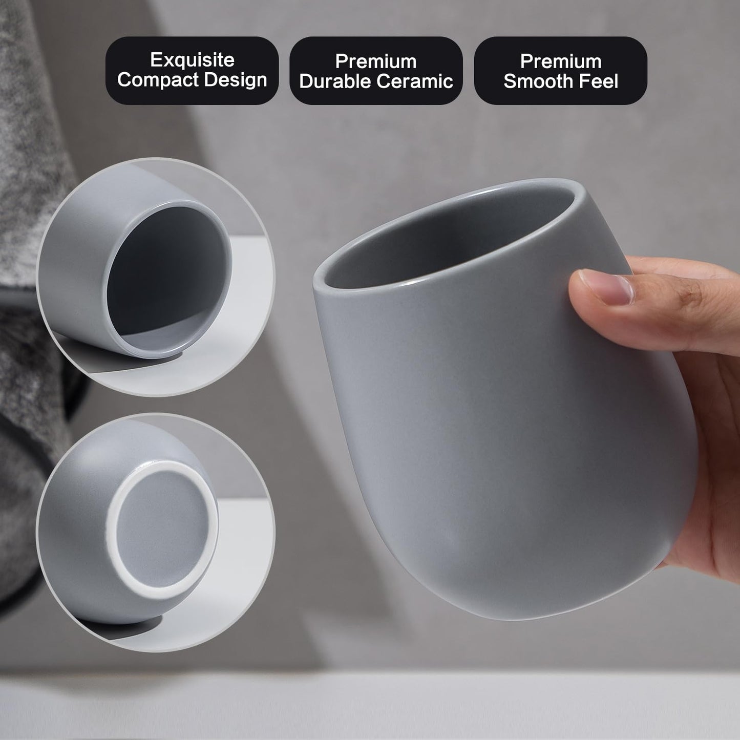 Grey Ceramic Toothbrush Holder - 11Oz Small Bathroom Tooth Brushing Holders, Reusable Mouthwash Cup, Toothpaste Holder, Makeup Brush Holder, Pen Holder for Bathroom Countertop, 1PC