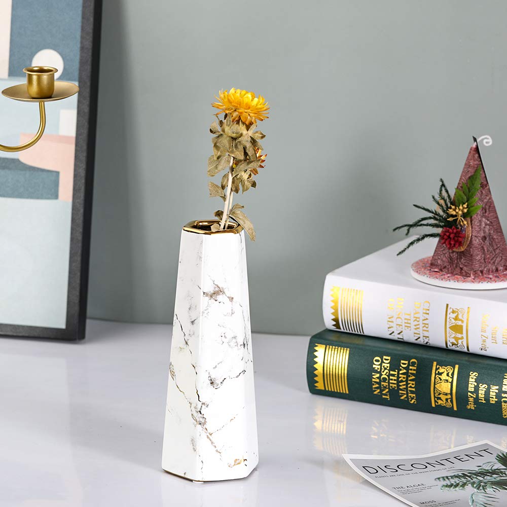 8inch White Gold Finish Marble Ceramic Flower Vase Home Decor Vase and Table Centerpieces Vase - Ideal Gifts for Friends and Family, Christmas, Wedding, Bridal Shower