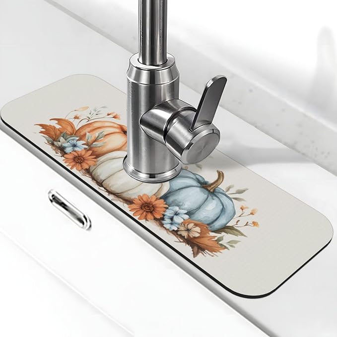 Kitchen Sink Splash Guard Faucet Mat Autumn Pumpkin Floral 15"x5.5", Diatom Mat