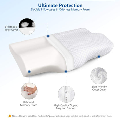 ZAMAT Memory Foam Pillow for Neck Pain Relief, Adjustable Orthopedic Ergonomic Cervical Pillow for Sleeping with Washable Cover, Bed Pillows for Side, Back, Stomach Sleepers
