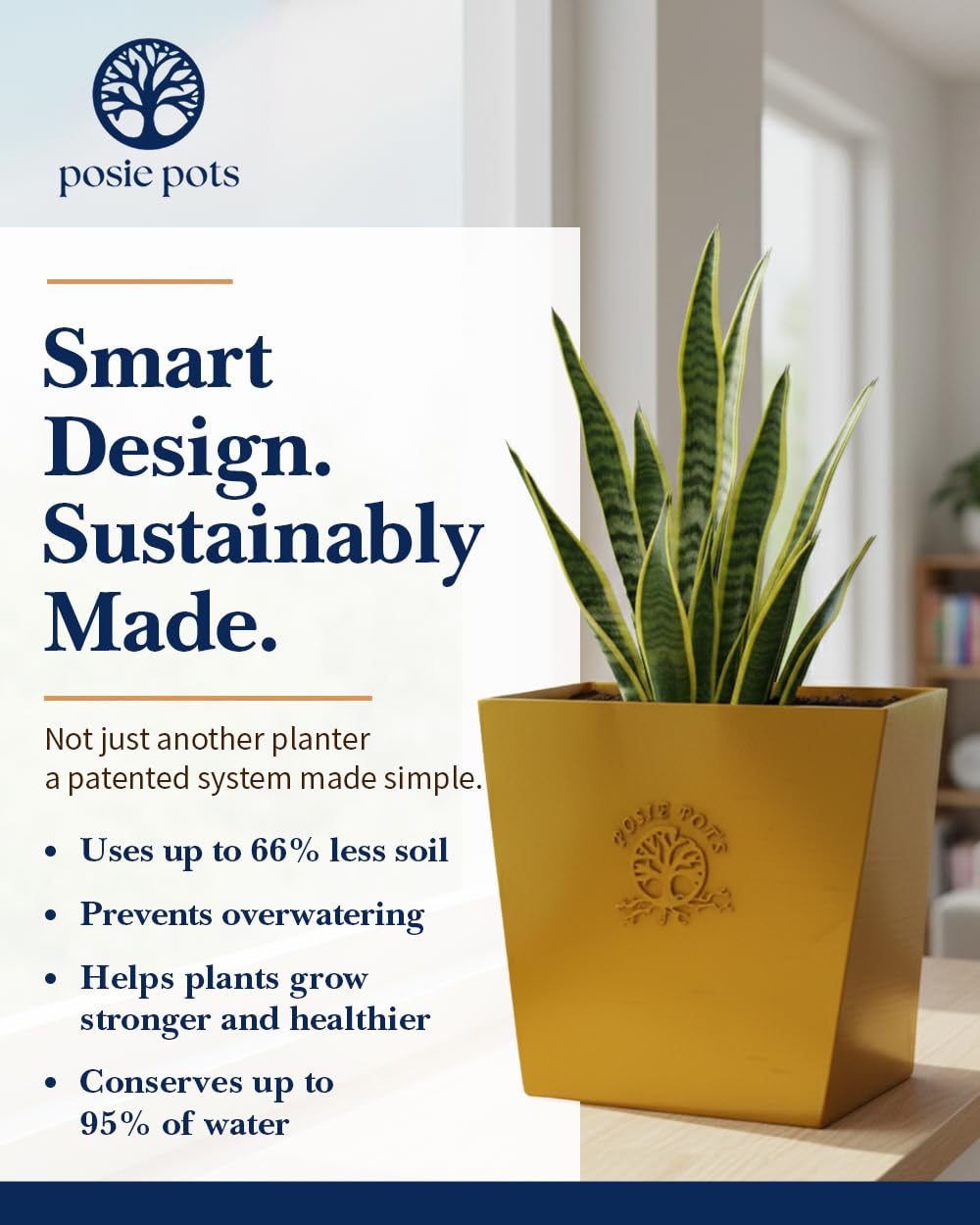 POSIE3DPRINTS Posie Pot Medium Twisted Square - Self Watering Planter 5x5 Inch - Indoor Plant Pot with 30 Day Reservoir - 3D Printed Bioplastic - No Guilt Plant Care - Made in USA, Gold