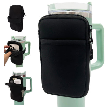 LMYUHONG Water Bottle Pouch for Stanley Cup Accessories 40oz 20oz 30oz, Tumbler Pouch with Versatile Pocket for Cards, Keys, Earphone, Fits Phones, Use for Running, Walking, Hiking & Biking, Black
