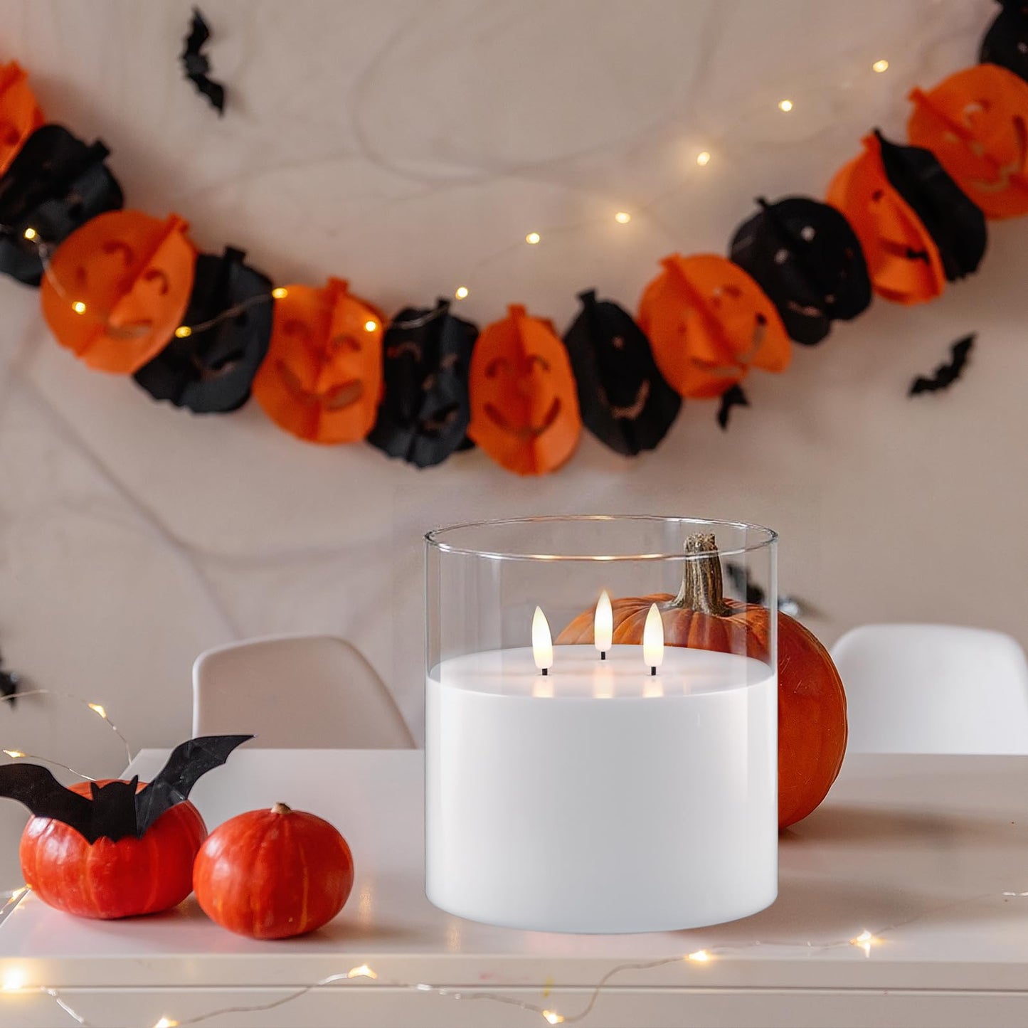 GenSwin Glass Flameless Candles Flickering with 3 Wicks and Remote Timer, 1 Pcs Clear LED Candles Battery Operated, Large Glass Candle for Halloween Christmas Home Decor(D6” x H6”)
