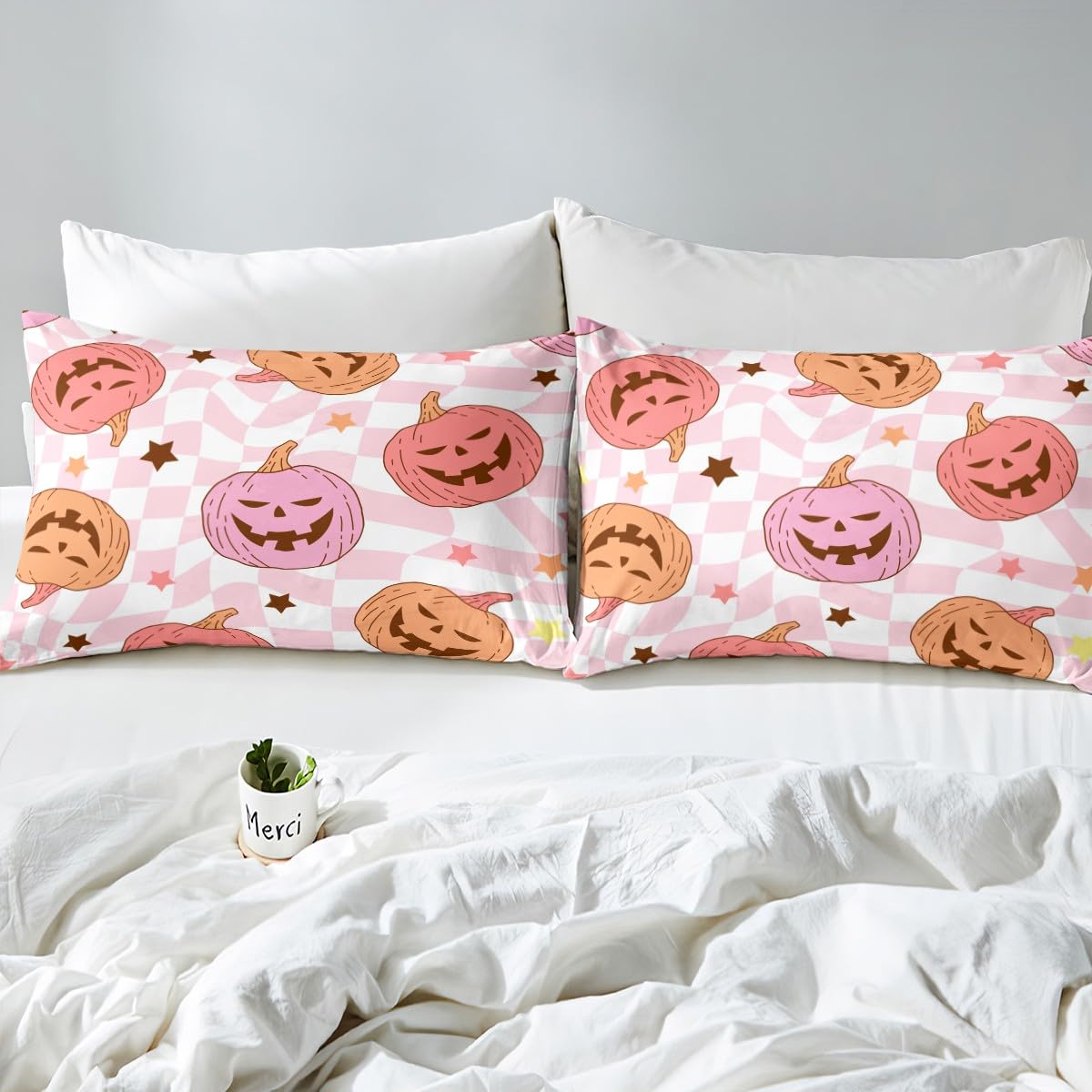 Feelyou Pink Halloween Bed Sheets Set Full Size Halloween Decor Bed Set for Kids Boys Girls Pumpkin Deep Pocket Fitted Sheet Trick or Treat Breathable Soft Lightweight Microfiber