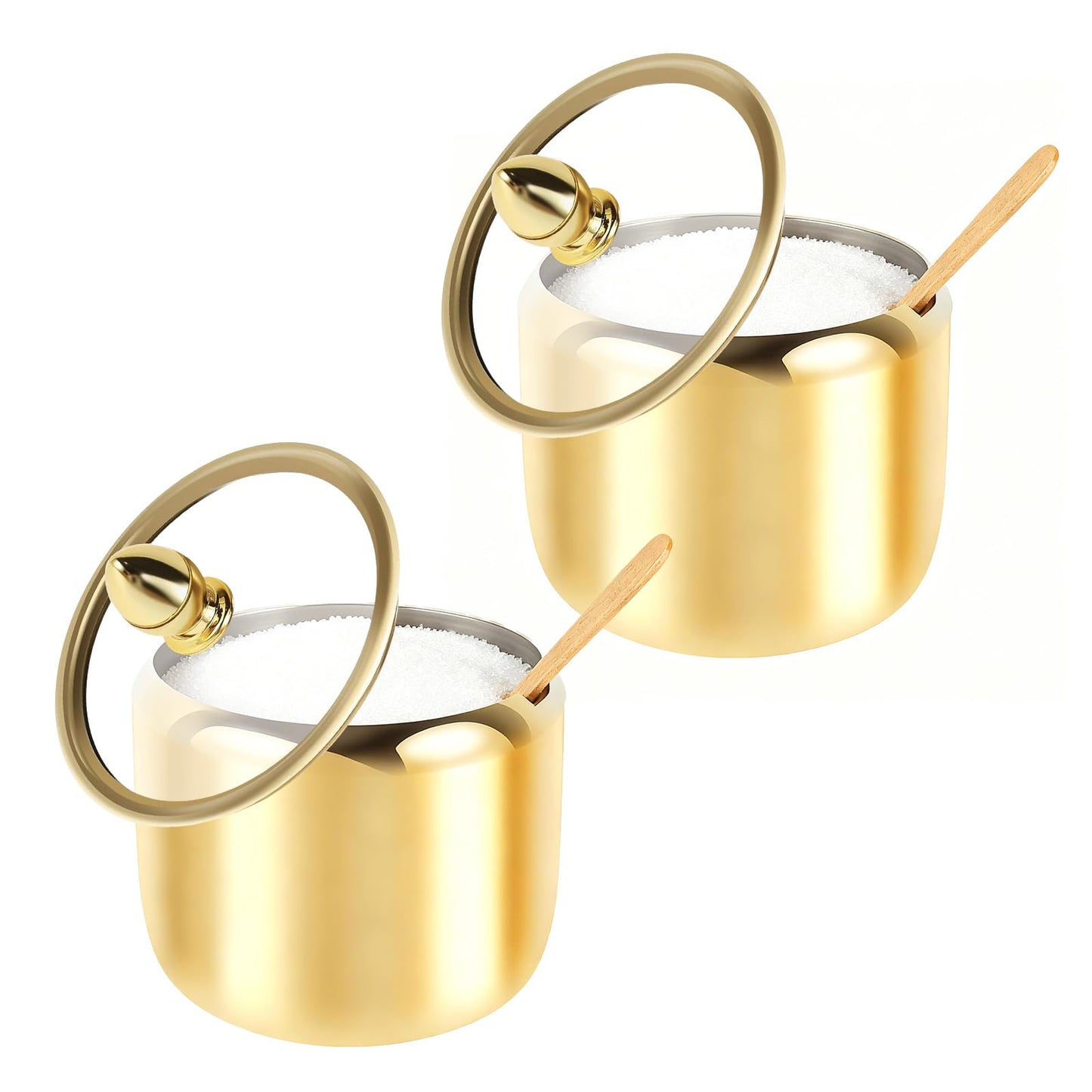 HPZIHYNAP 2 Pack Sugar Bowl with Lid and Spoon - 10oz Gold Stainless Steel Sugar Container, Coffee Bar Accessory for Kitchen & Home, Stores Salt & Candy