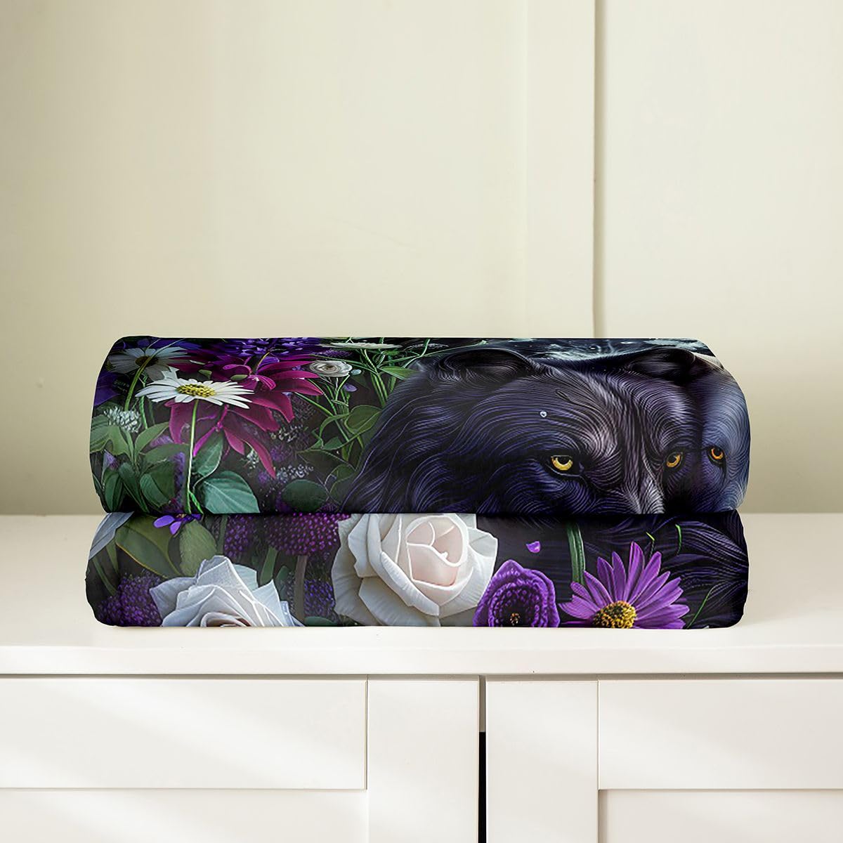 Feelyou Wolf Fleece Throw Blanket Halloween Themed Flannel Blanket Plush Fuzzy Trick or Treat for Bed Couch Chair Living Room Wolves Howling Throw 50"x60" Purple Black and White Bedroom Decor
