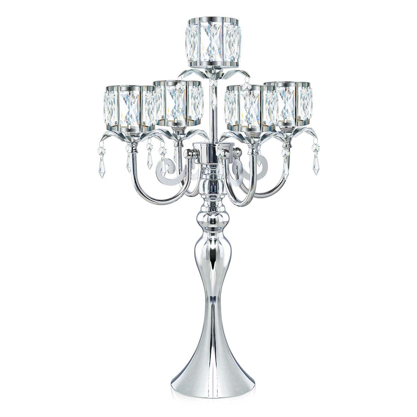 Kehail Silver 5 Arm Pendant Square Crystal Candle Holder, 22 Inches Table Decor Classic and Elegant Table Centerpiece Atmosphere Candlestick for Gift Wedding Party Home Decor