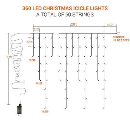 Brizled Blue Icicle Lights, 29ft 360 LED Christmas Icicle Lights with Remote, 8 Modes Christmas Roof Light with 60 Drops, Connectable Xmas Eave Light Outdoor Drop Lighting for Xmas Wedding Holiday