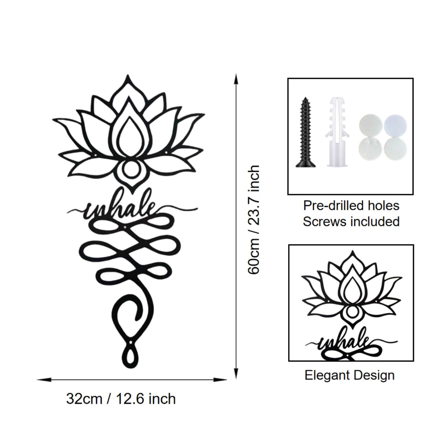 JBCHUCI Lotus Flower Wall Decor - 23.7”x12.6” Black Metal Yoga Meditation Wall Art, Boho Zen Sculpture for Home Living Room, Bedroom, Office, Spiritual Gift & Mindfulness Decor for Yoga Lovers