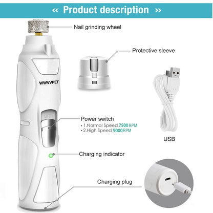 Pet Nail Grinder with LED Light & 2 Grinding Heads, 2-Speed Low Noise & More Powerful Dog Nail Grinder, Pet Nail Trimmer File, Painless Paw Claw Care, Quiet Toenail Grooming Tool for L/M/S Dogs/Cats