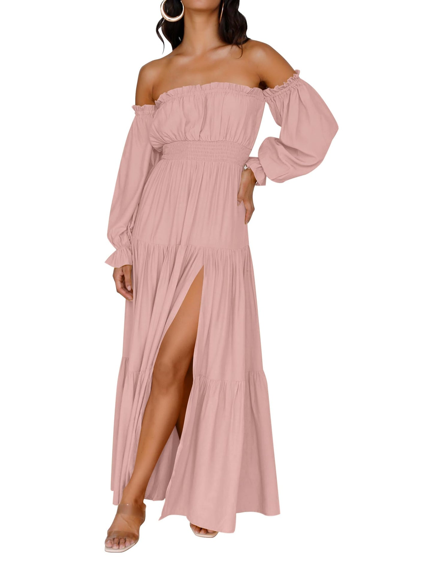 ZESICA Women's 2025 Boho Sexy Off Shoulder Long Sleeve Smocked High Waist Side Split Flowy A Line Tiered Long Maxi Dress