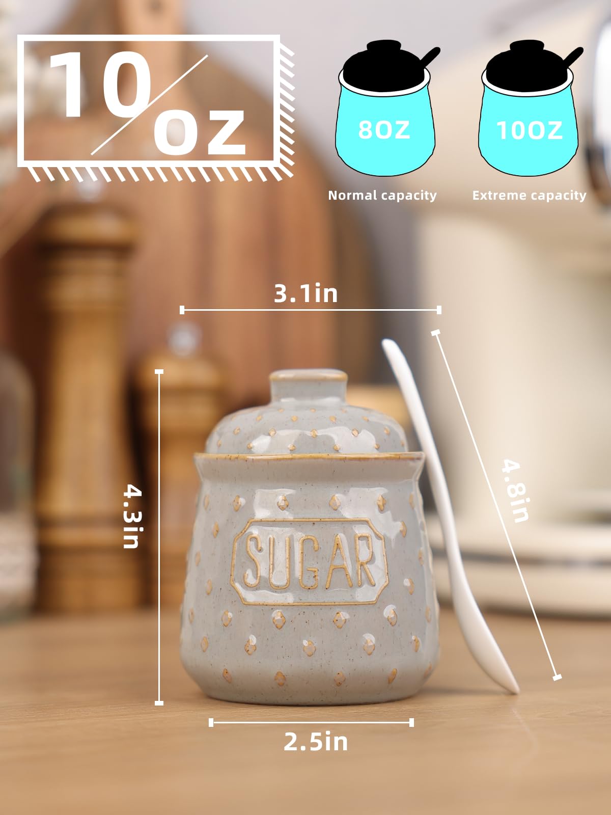 QUXIJA Ceramic Sugar Bowl with Lid and Spoon 10oz, Sugar Container (Vintage Grey)