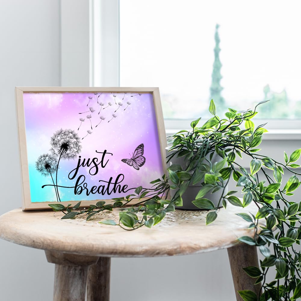 Dandelion Butterfly Just Breathe Wall Art 11x14 - Inspirational Positive Quotes Home Decor - Purple Wall Art for Women Office Bedroom - Zen Meditation Mindfulness Gift - Shabby Chic Boho Unframed
