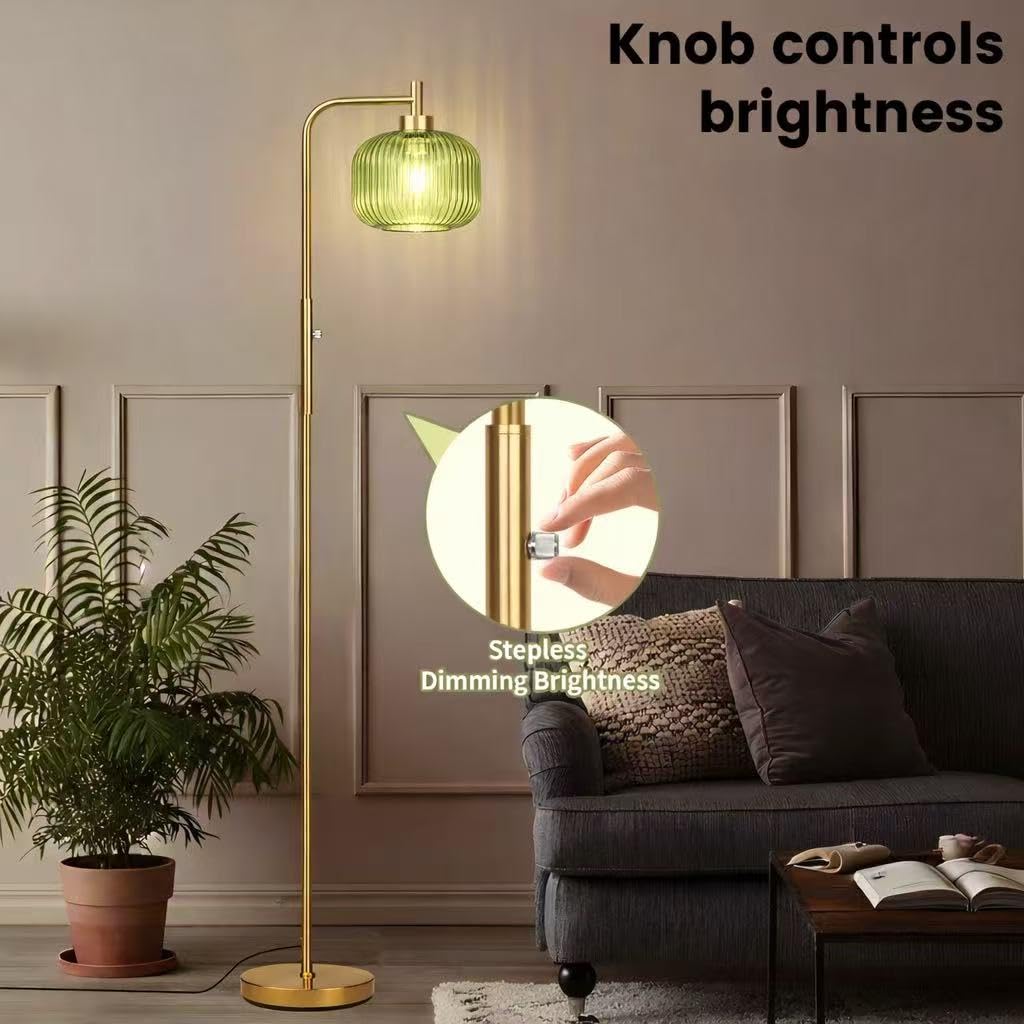 Ruiever Glass Floor Lamp for Living Room, Dimmer Standing Lamp with Green Ribbed Lampshade,66” Tall Lamp & Gold Floor Lamp for Bedroom Study Room,Brushed Gold (Drum Green Glass Shade)