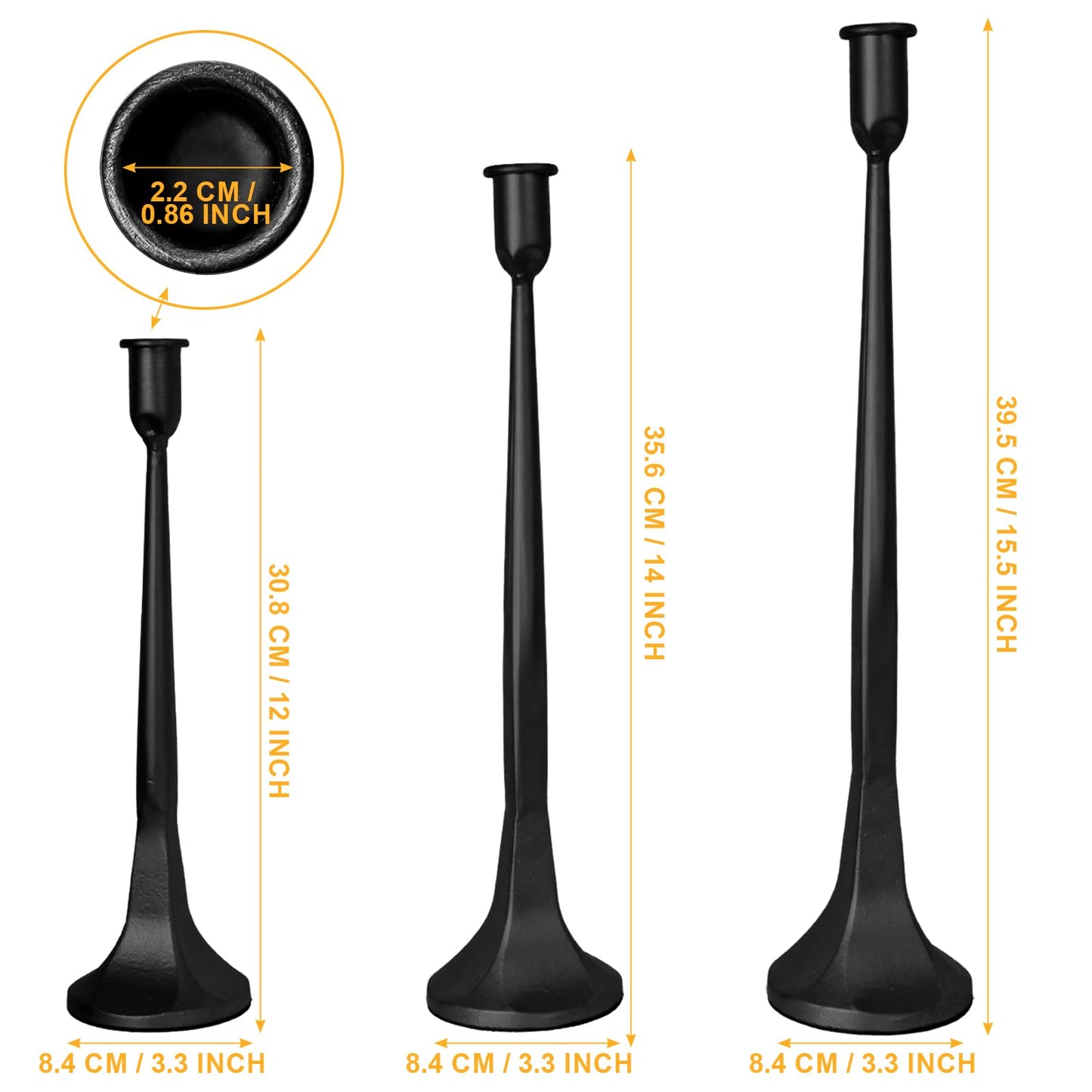 Set of 3 Black Iron Candlestick Holders – Tapered Candle Holders for 3/4" Candles, Tall Candle Stick Set for Dining Table, Wedding, and Home Décor
