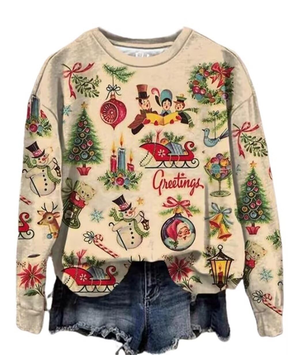 AIMITAG Merry Christmas Sweatshirt Womens Vintage Christmas Santa Claus Graphic Print Pullover Winter Xmas Holiday Tops(X-Large,Apricot1)