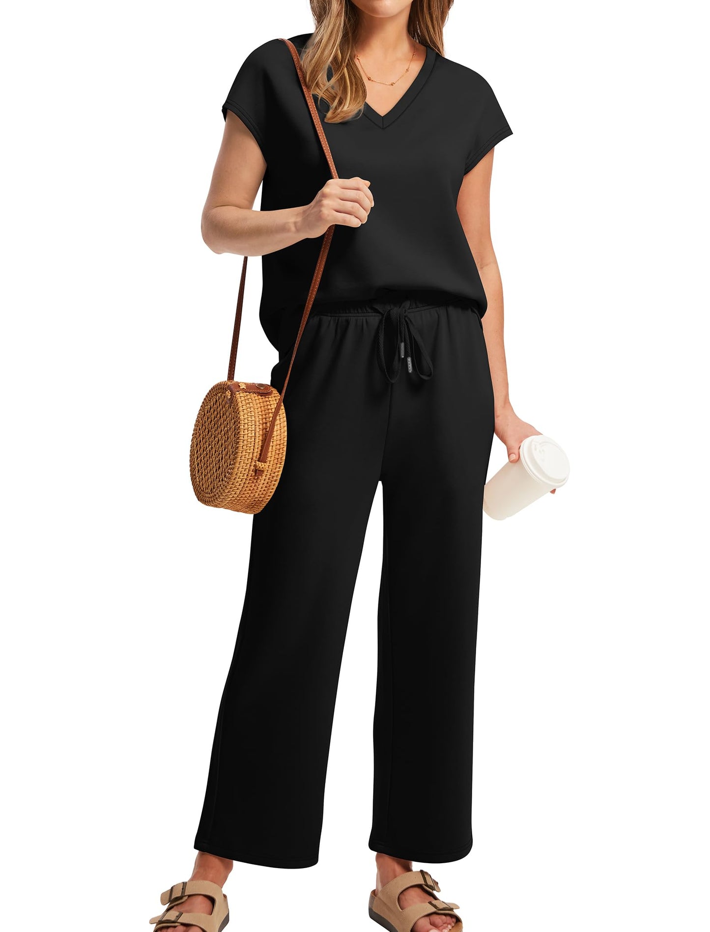 Two Piece Sets for Women Lounge Set Summer Travel Outfits Business Casual Matching Sets Women Clothing Beach Vacation Clothes Wide Leg Crop Pants Black L