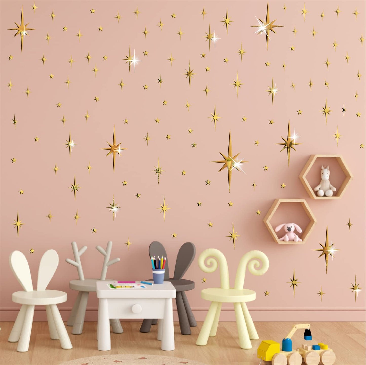 Easma Mirror Wall Stickers Gold Star Wall Decal Peel and Stick 3D Acrylic Decals Removable Stars Adhesive Mirror Starburst Art Decor Sticker for Home Living Room Bedroom Decoration