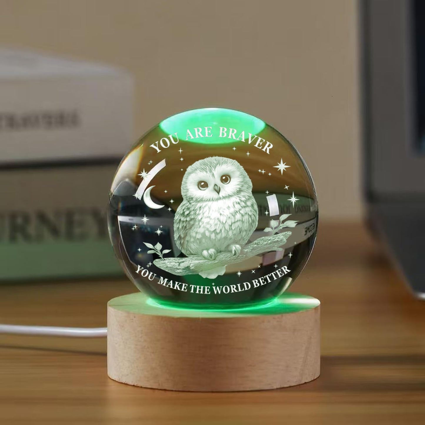 YouerCrystal 3D Owl Lamp,2.36In (60mm), Wood LED Base,Owl Gifts