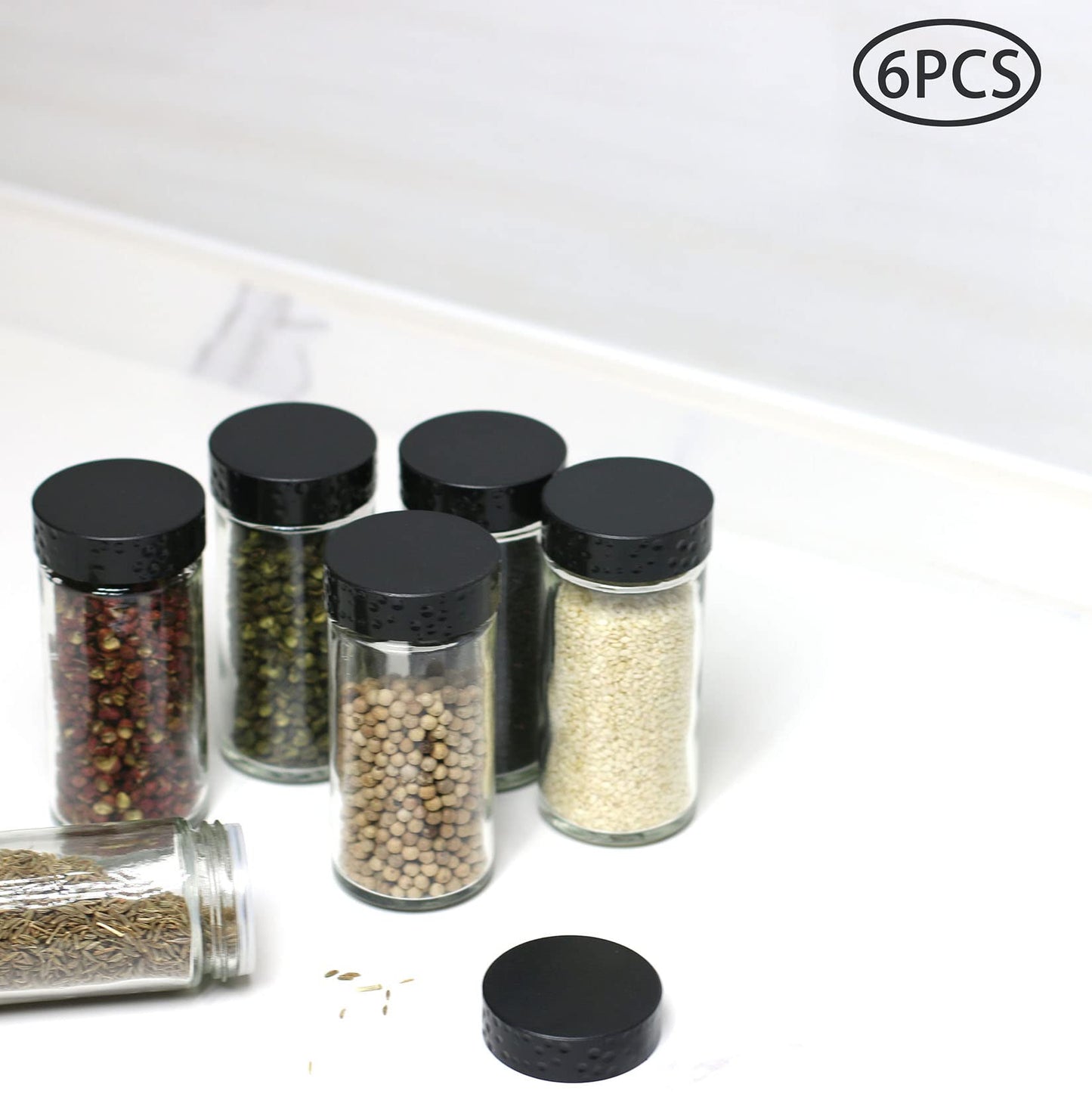 Tianifa 6pcs Black Spice Jars, 3 oz Glass Seasoning Bottles, Spices Container, Empty Spice Jars,Round Spice Bottles with Airtight Plastic Caps with Shaker Lids