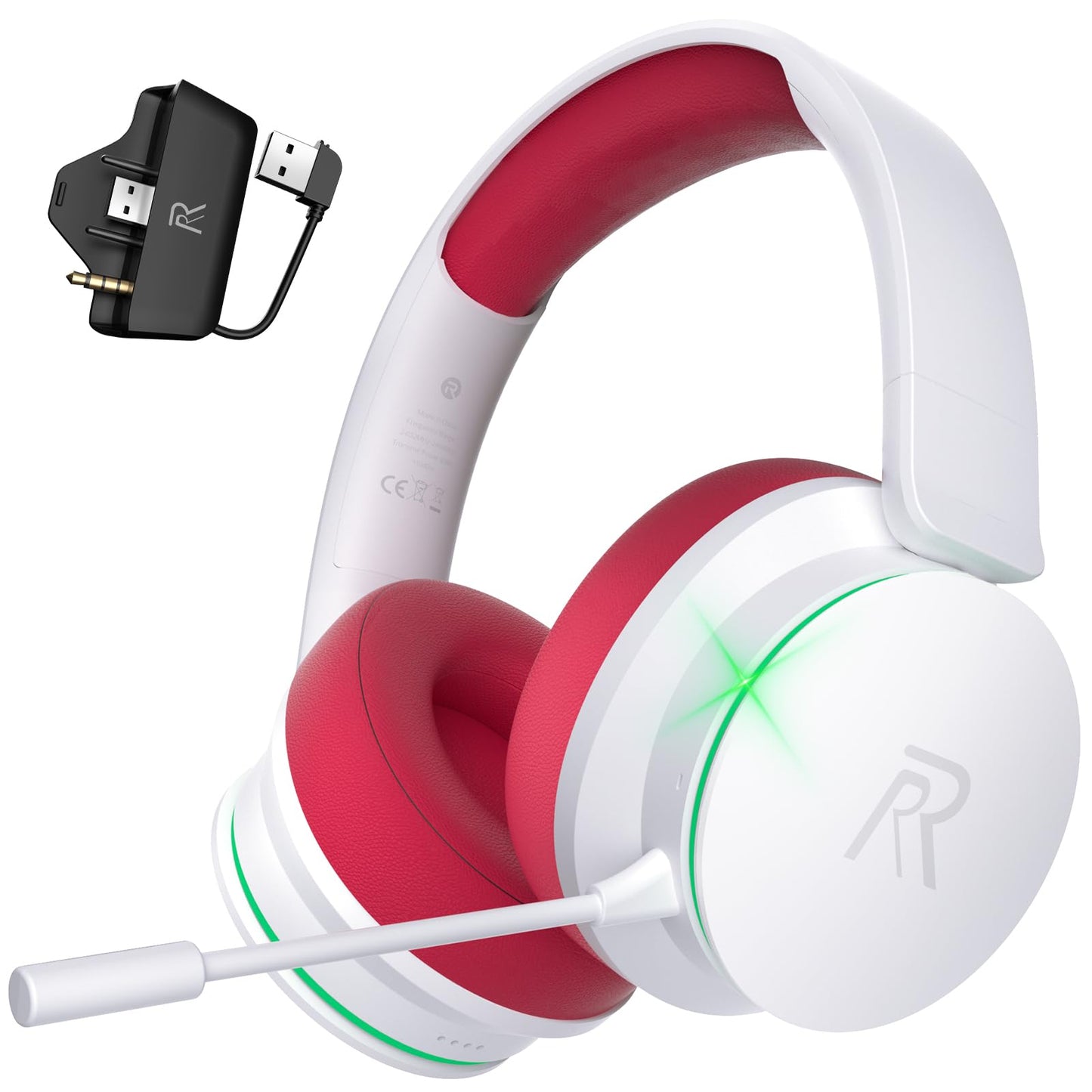 RYR Wireless Gaming Headset for Xbox Series X|S, Xbox One, PS5, PS4, Mac, Bluetooth 5.3, 3D Surround Sound, Rotatable Earmuffs, Gaming Headphones with Noise Canceling Microphones, White-Red