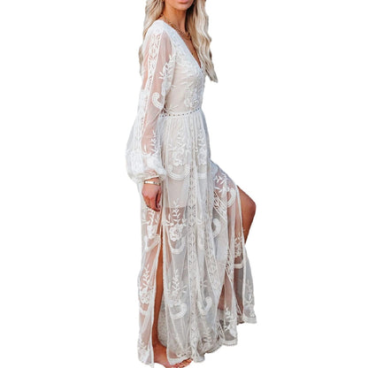 Womens Deep V Neck Short Sleeve Floral Lace Dress Long Bridesmaid Maxi Dresses