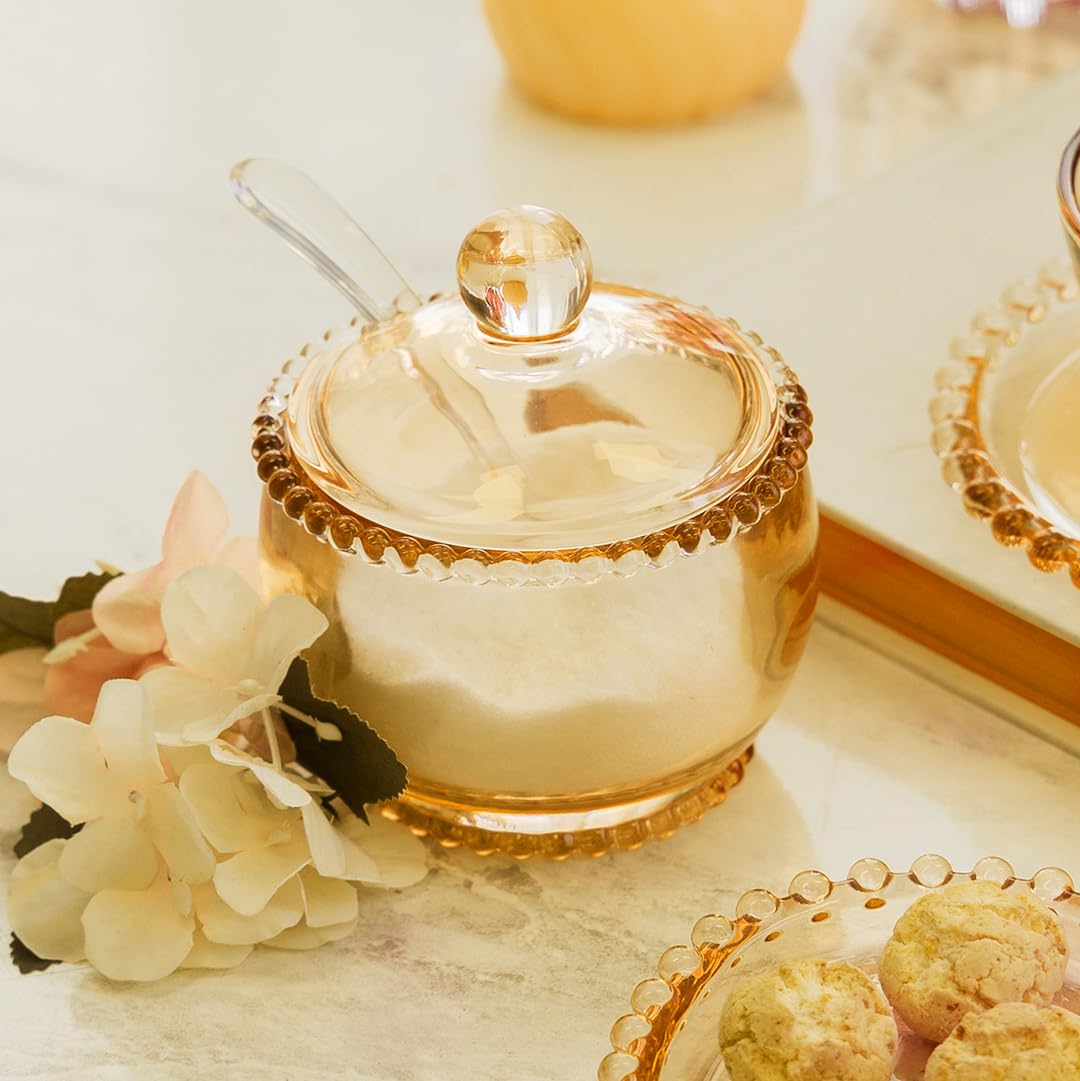 WOLFF - Pearl Crystal Beaded Sugar Bowl with Lid and Spoon - Sugar Holder, Dish for Candy Dispenser, Salt, Condiments and Spices, Jelly Jar (Amber, Sugar Bowl)