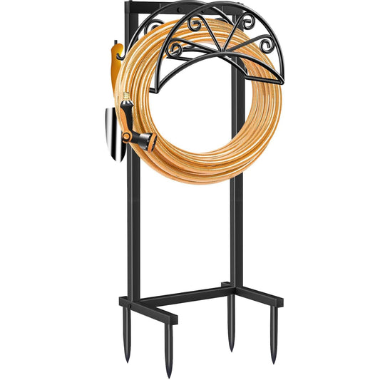 TomCare Garden Hose Holder Heavy Duty Water Hose Holder Holds 160 FT Hose 4 Spikes Hose Reel with 2 Tool Hooks Freestanding Hose Hanger Sturdy Hose Storage Stand for Outside Yard Lawn, Black