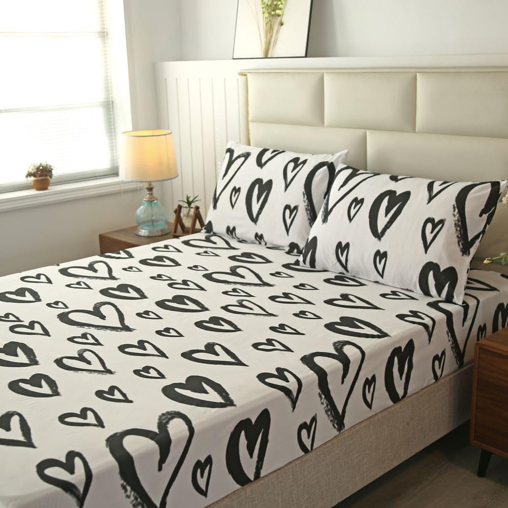 SDIII Love Heart Fitted Sheet Twin with 2 Pillowcases, Deep Pocket Soft Microfiber Black and White Romantic Bed Sheet